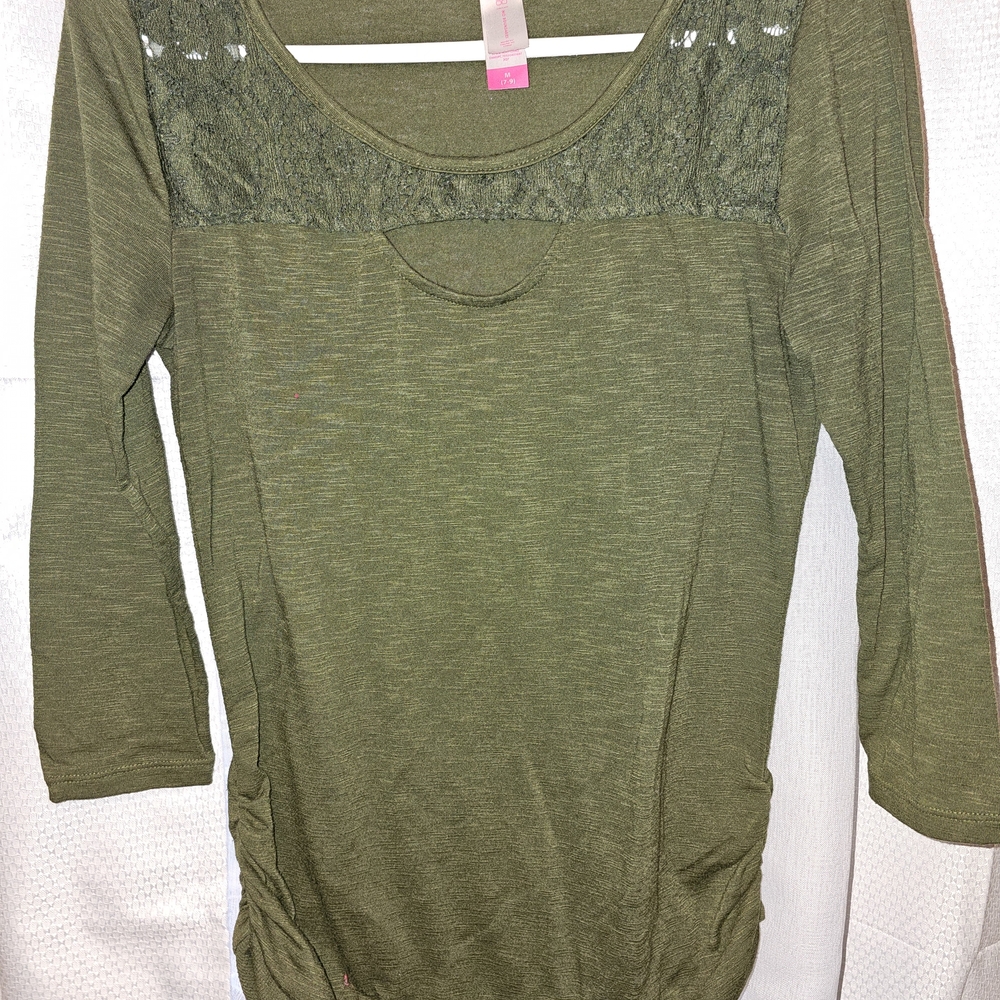 No Boundaries Olive Green Lace Yoke Long Sleeve Top